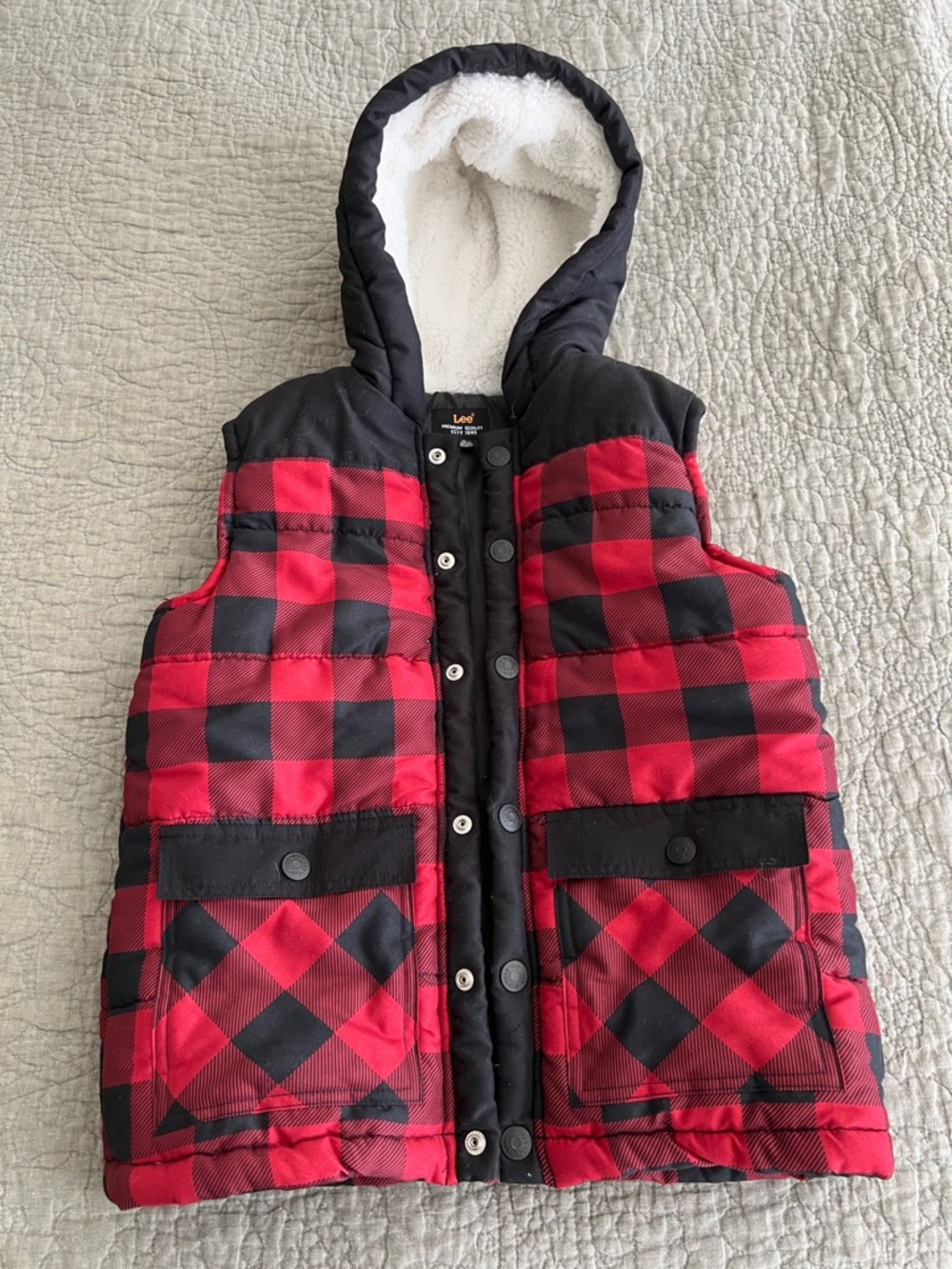Lee Kids Red & Black Buffalo Plaid Hooded Puffer Vest
